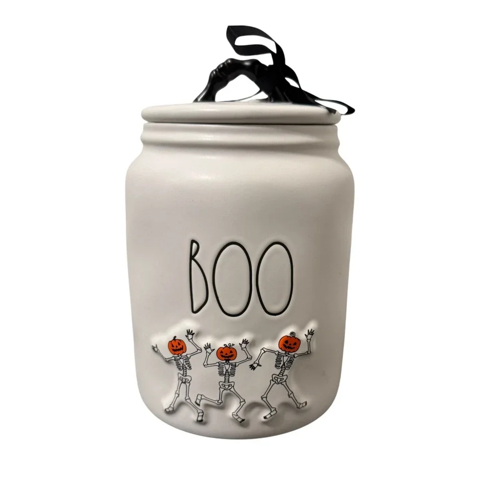 Rae Dunn Artisan Halloween BOO Jar Pumpkin Skeletons Ceramic Canister‎